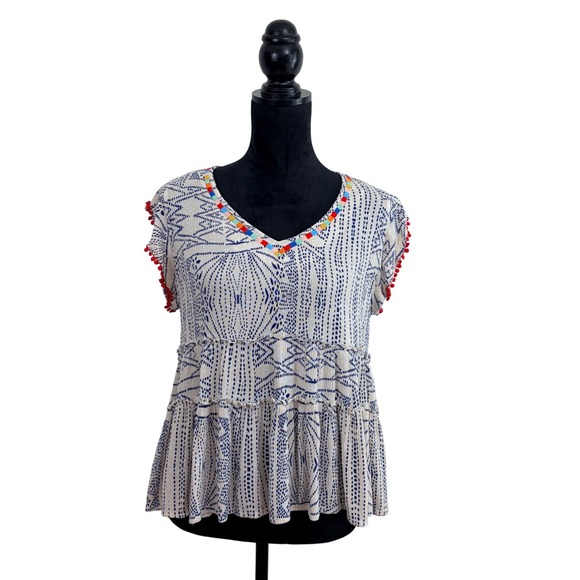 THML Tops - THML Woman S Blue Cream Geometric Print Tiered Babydoll Gauzy Rainbow Embroidery